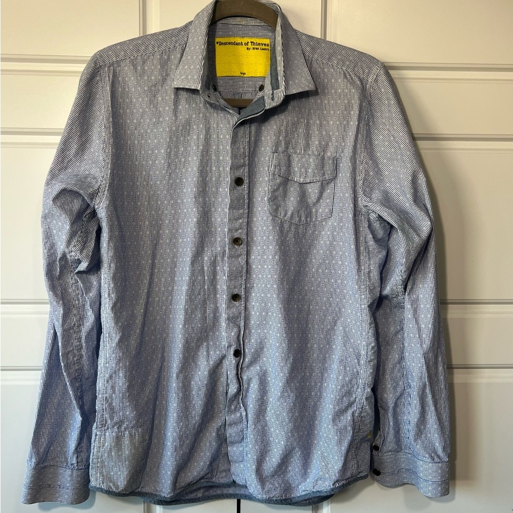 Descendant of Thieves LG Men's Blue White Stripes Long Sleeve Button Up Shirt